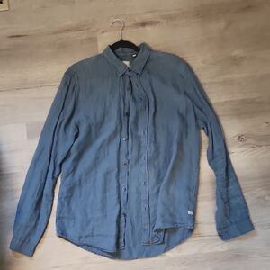 Men's Medium Blue 100% Linen Button-up Shirt